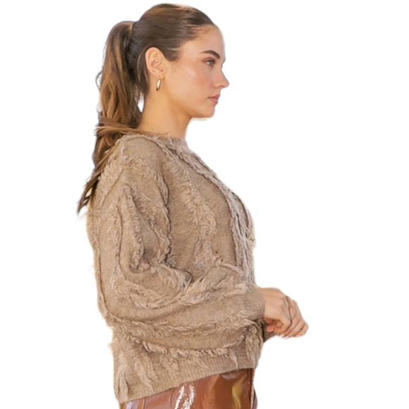 Taupe Fringe Balloon Sleeve Pullover Knit Sweater NWT - Picture 4 of 9